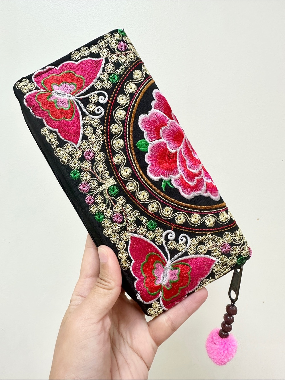 Black Wallet with Pink Floral & Butterfly Embroidery